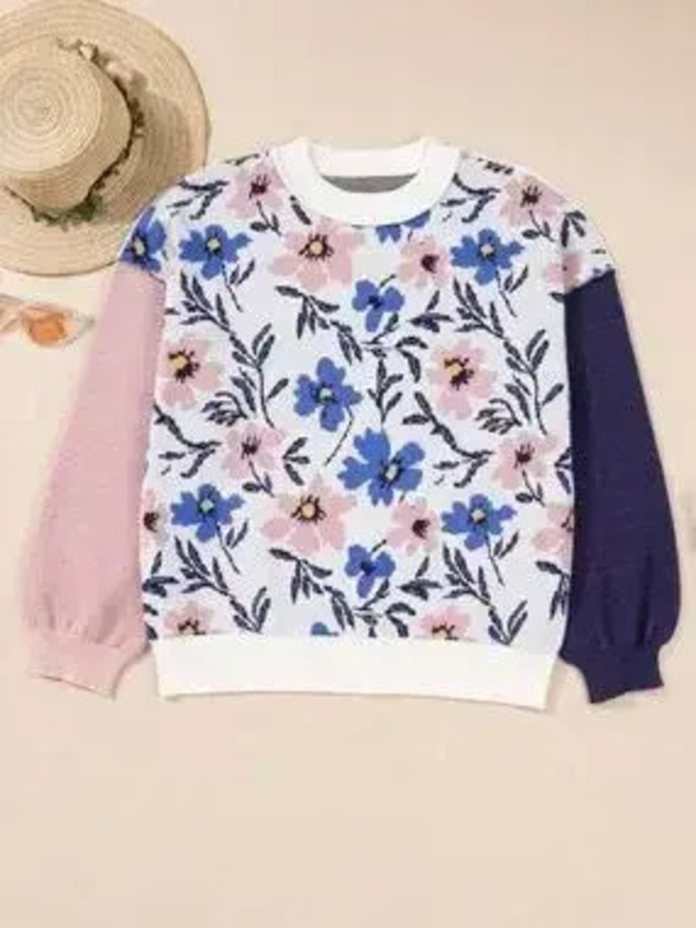 Floral Panel Colorblock Sleeve Patchwork Sweater - Picture 3 of 9